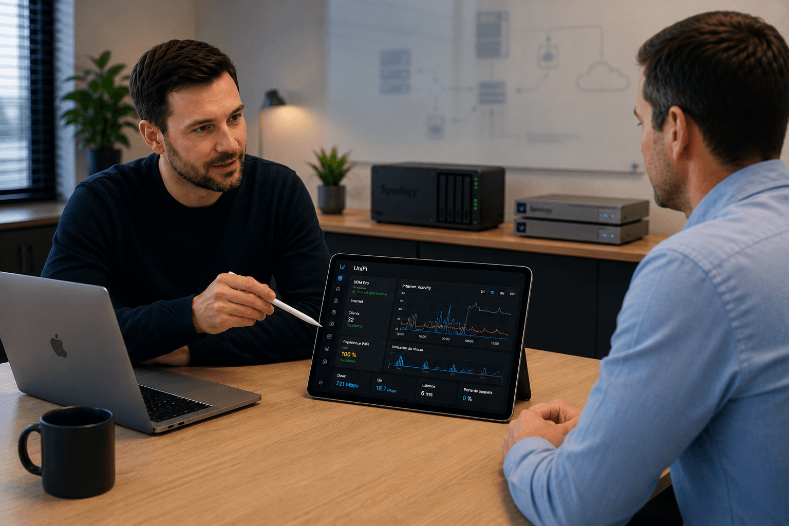 Échange autour d'un projet informatique : présentation d'un tableau de bord réseau sur tablette, avec serveurs NAS en arrière-plan