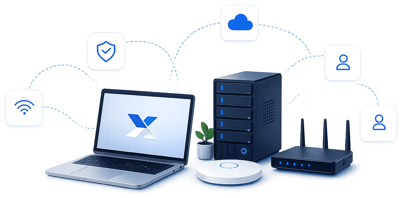 Illustration : ordinateur portable, serveur NAS, borne Wi-Fi et routeur reliés au cloud, à la sécurité et aux utilisateurs