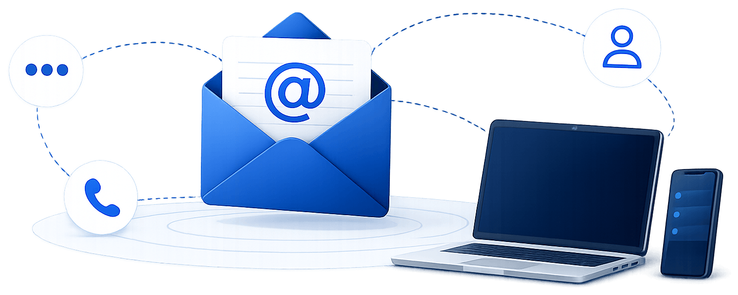 Illustration : email, appel et messages reliant un ordinateur portable et un smartphone